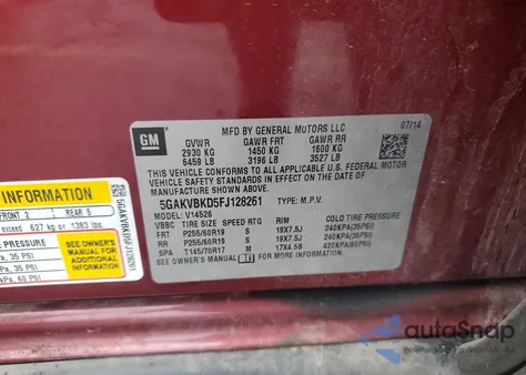 2015 Buick Enclave from USA, damaged, VIN 5GAKVBKD5FJ128261